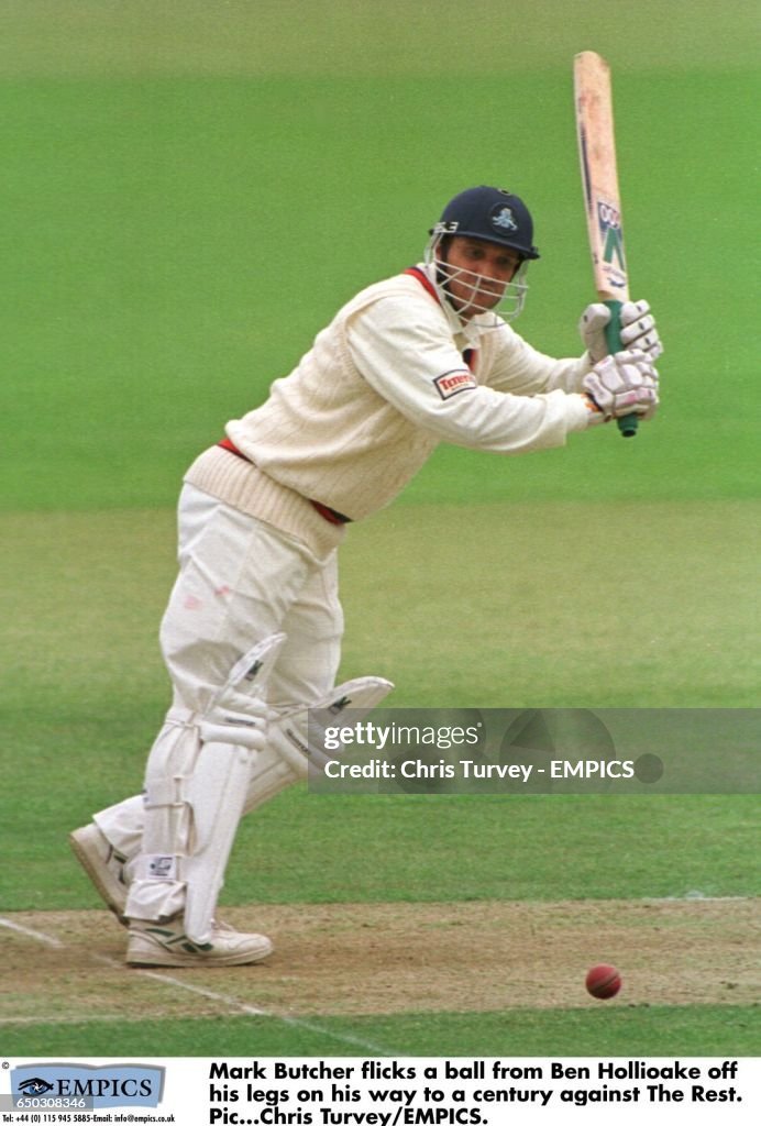 Mark Butcher Mark Butcher flicks a ball from Ben Hollioake off his legs on his way ...