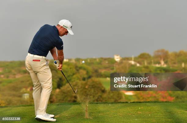 David Horsey of England plays a shot during the first round of the Hero Indian Open at Dlf Golf and Country Club on March 9, 2017 in New Delhi, India.