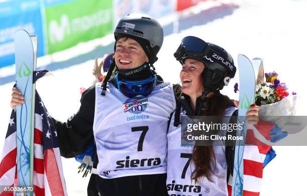 Silver medallist Bradley Wilson and bronze medallist Jaelin Kauf of the United States celebrate after the Dual Moguls on day two of the FIS Freestyle...