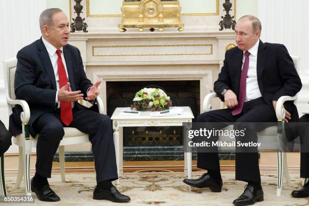 Russian President Vladimir Putin meets Israeli Prime Minister Benjamin Netanyahu during their talks at the Kremlin, on March 9, 2017 in Moscow,...