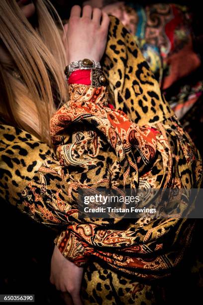 Model is seen backstage ahead of the Etro show during Milan Fashion Week Fall/Winter 2017/18 on February 24, 2017 in Milan, Italy.