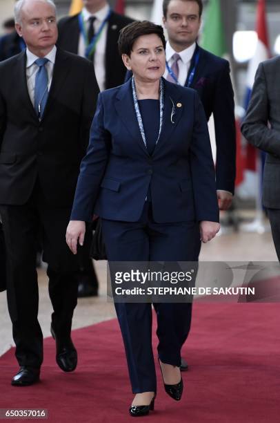 Poland's Prime minister Beata Szyd?o arrives to attend the EU summit at the new "Europa" building in Brussels on March 9, 2017. / AFP PHOTO /...
