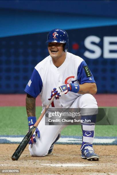 Infielder Chih-Sheng Lin of Chinese Taipei reacts after striking out in the bottom of the ninth inning during the World Baseball Classic Pool A Game...