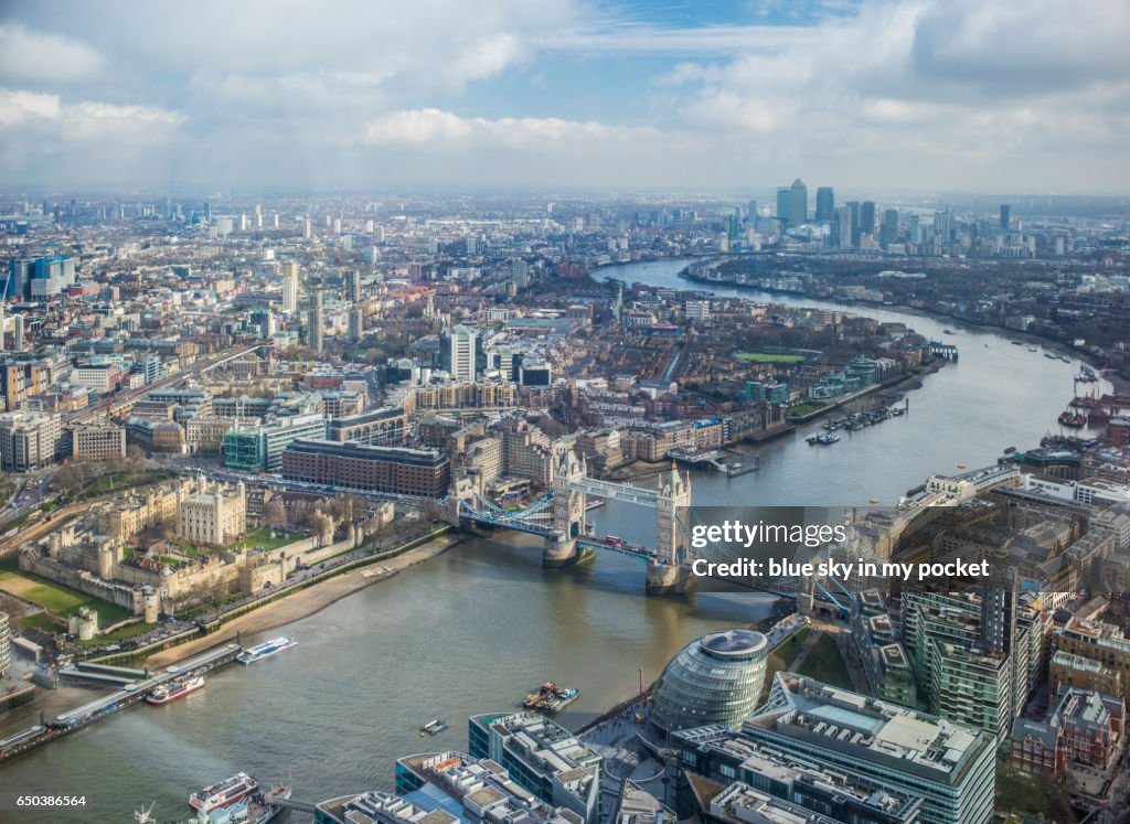 London, Tower Bridge and The River Thames looking east in winter.