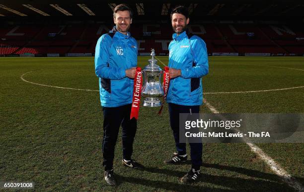 Nicky Cowley and Danny Cowley, manager of Lincoln City pictured with the FA Cup during a Lincoln City Media Day ahead of their FA Cup match against...