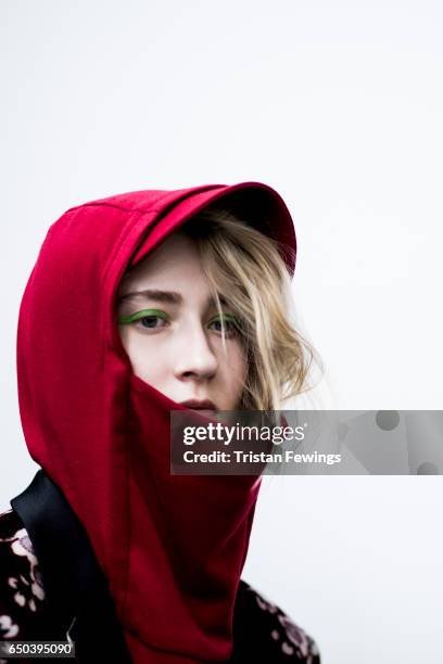 Model is seen backstage ahead of the Wunderkind show during Milan Fashion Week Fall/Winter 2017/18 on February 22, 2017 in Milan, Italy.