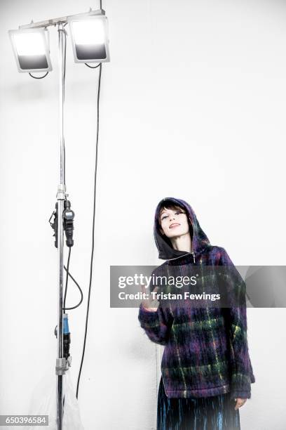 Model is seen backstage ahead of the Wunderkind show during Milan Fashion Week Fall/Winter 2017/18 on February 22, 2017 in Milan, Italy.