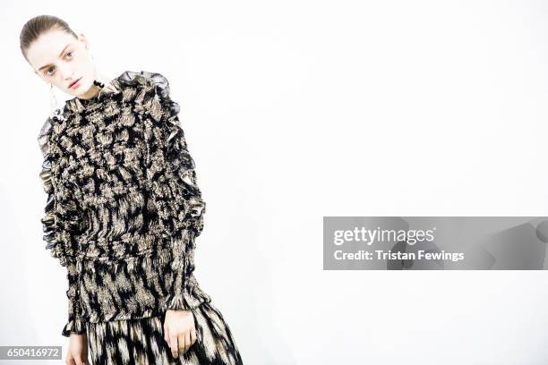 Model is seen backstage ahead of the Mila Schon show during Milan Fashion Week Fall/Winter 2017/18 on February 27, 2017 in Milan, Italy.