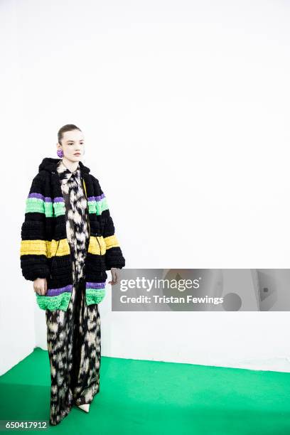 Model is seen backstage ahead of the Mila Schon show during Milan Fashion Week Fall/Winter 2017/18 on February 27, 2017 in Milan, Italy.