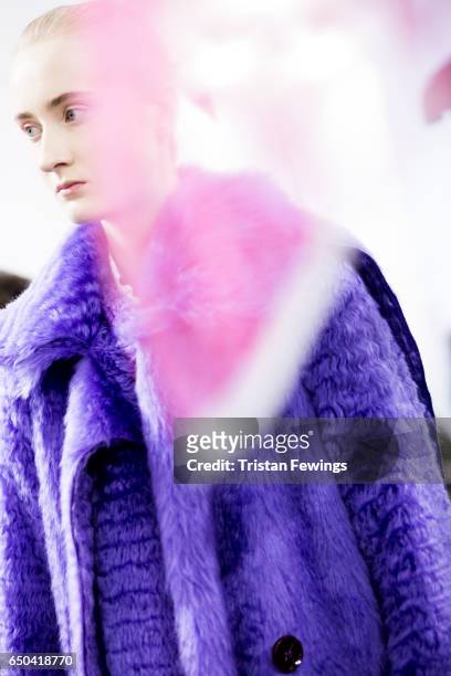 Model is seen backstage ahead of the Mila Schon show during Milan Fashion Week Fall/Winter 2017/18 on February 27, 2017 in Milan, Italy.