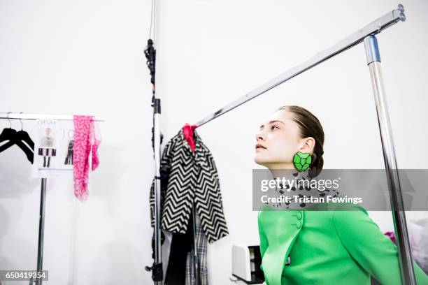 Model is seen backstage ahead of the Mila Schon show during Milan Fashion Week Fall/Winter 2017/18 on February 27, 2017 in Milan, Italy.