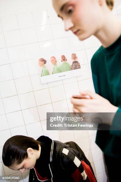 Models are seen backstage ahead of the Mila Schon show during Milan Fashion Week Fall/Winter 2017/18 on February 27, 2017 in Milan, Italy.