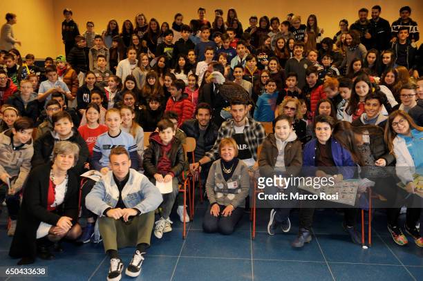 Cristiano Lombardi, Federico Marchetti and Wesley Hoedt of SS Lazio meets school students with his team-mates on March 9, 2017 in Rome, Italy.