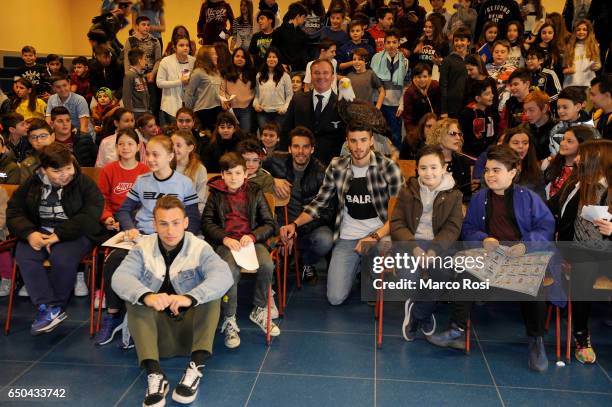 Cristiano Lombardi, Federico Marchetti and Wesley Hoedt of SS Lazio meets school students with his team-mates on March 9, 2017 in Rome, Italy.