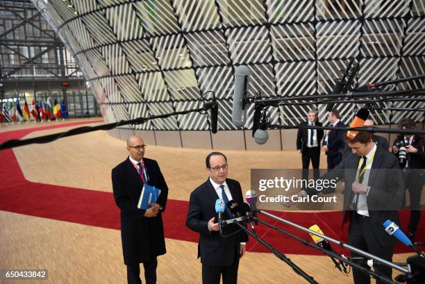 French President Francois Hollande arrives at the Council of the European Union on the first day of an EU summit, on March 9, 2017 in Brussels,...