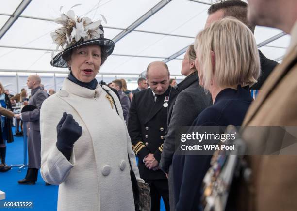 Princess Anne, Princess Royal speaks with British military personnel at a reception following the unveiling of the new memorial to members of the...