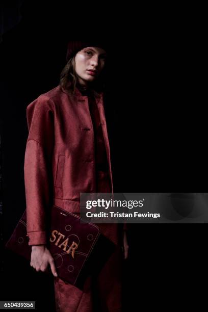 Model is seen backstage ahead of the Trussardi show during Milan Fashion Week Fall/Winter 2017/18 on February 26, 2017 in Milan, Italy.