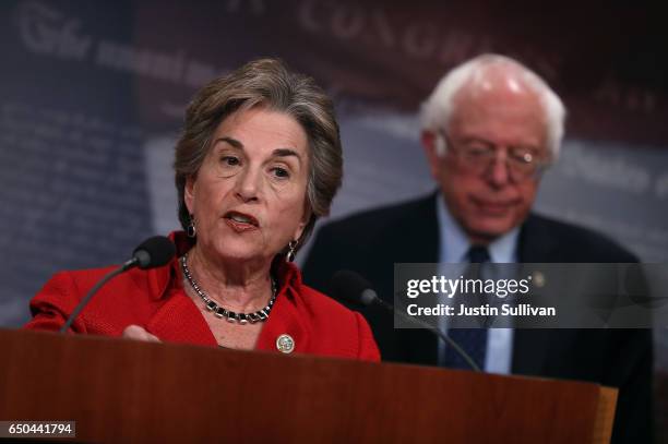 Rep. Jan Schakowsky speaks during a news conference as U.S. Sen. Bernie Sanders looks on at the U.S. Capitol on March 9, 2017 in Washington, DC. Sen....