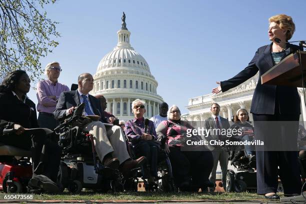 Sen. Debbie Stabenow holds a news conference with people who may be negatively affected by the proposed American Health Care Act, the Republicans'...