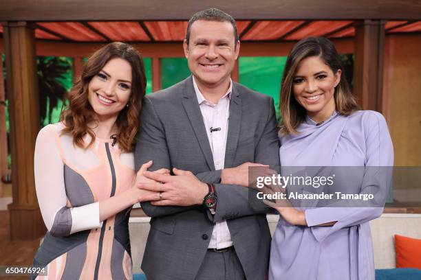 Michelle Galvan, Alan Tacher and Pamela Silva are seen on the set of "Despierta America" at Univision Studios on March 9, 2017 in Miami, Florida.