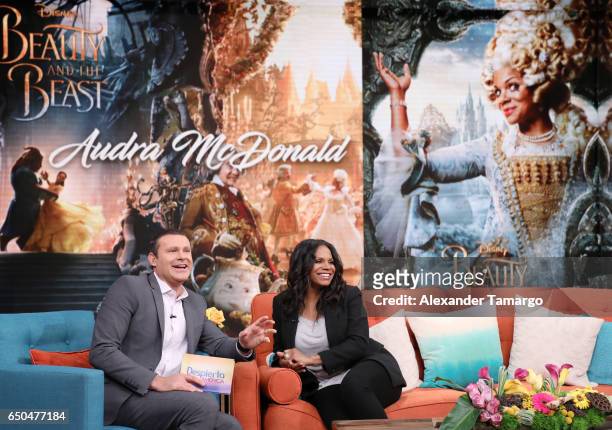 Alan Tacher and Audra McDonald are seen on the set of "Despierta America" at Univision Studios on March 9, 2017 in Miami, Florida.