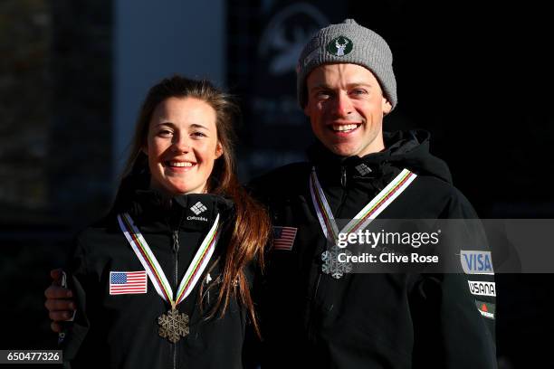 Silver medallist Bradley Wilson and bronze medallist Jaelin Kauf of the United States pose after the Dual Moguls on day two of the FIS Freestyle Ski...