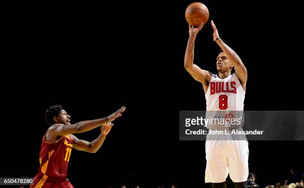 Jarell Eddie of the Windy City Bulls shoots the ball against the Canton Charge on March 08, 2017 at the Sears Centre Arena in Hoffman Estates,...