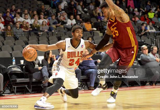 Wesley Saunders of the Windy City Bulls dribbles the ball against the Canton Charge on March 08, 2017 at the Sears Centre Arena in Hoffman Estates,...