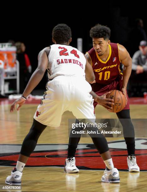 Mike Williams of the Canton Charge dribbles the ball against the Windy City Bulls on March 08, 2017 at the Sears Centre Arena in Hoffman Estates,...
