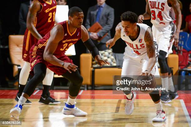 Jarell Eddie of the Windy City Bulls dribbles the ball against the Canton Charge on March 08, 2017 at the Sears Centre Arena in Hoffman Estates,...