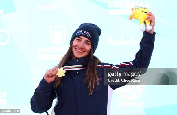 Perrine Laffont of France poses with the gold medal after the Women's Dual Moguls on day two of the FIS Freestyle Ski and Snowboard World...