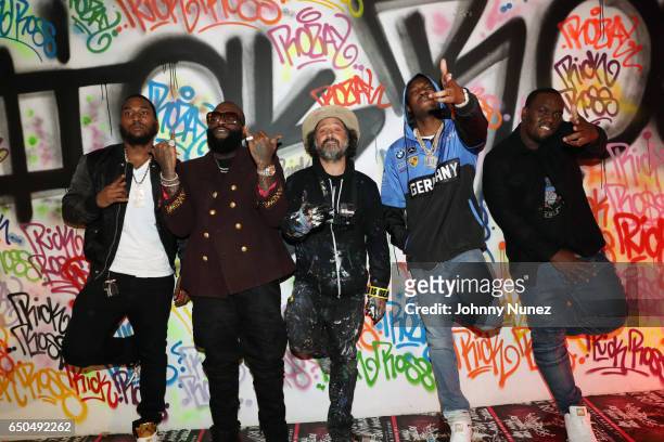 Omelly, Rick Ross, Mr. Brainwash, Meek Mill, and Scrilla attend the Rick Ross and Mr. Brainwash "Rather You Than Me" Album Listening Experience on...