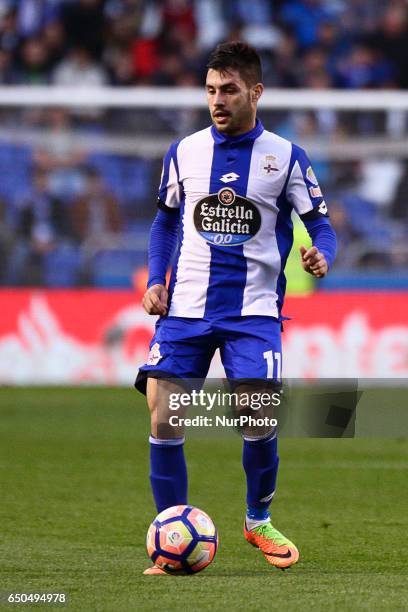 Carles Gil midfielder of Deportivo de La Coruña controls the ball during the La Liga Santander match between Deportivo de La Coruña and Real Betis...