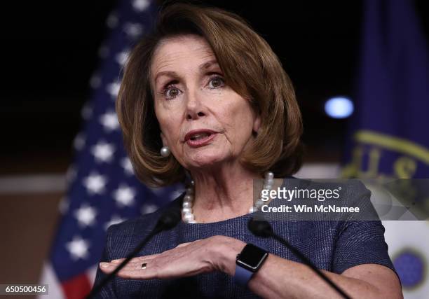 House Minority Leader Nancy Pelosi answers questions during her weekly press conference at the U.S. Capitol March 9, 2017 in Washington, DC. Pelosi...