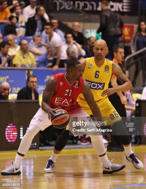 Rakim Sanders, #21 of EA7 Emporio Armani Milan competes with Devin Smith, #6 of Maccabi Fox Tel Aviv in action during the 2016/2017 Turkish Airlines...