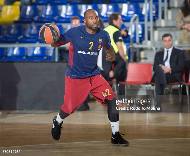 Tyrese Rice, #2 of FC Barcelona Lassa warm up before the 2016/2017 Turkish Airlines EuroLeague Regular Season Round 25 game between FC Barcelona...