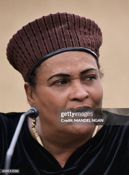 Khalilah Camacho-Ali, wife of boxing legend Muhammad Ali, speaks during a forum on the consequences of US President Donald Trump's immigration...