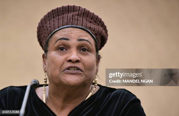 Khalilah Camacho-Ali, wife of boxing legend Muhammad Ali, speaks during a forum on the consequences of US President Donald Trump's immigration...