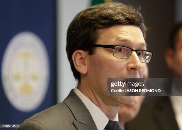 Washington State Attorney General Bob Ferguson gives a press conference asking a federal judge to block US President Donald Trump's revised travel...