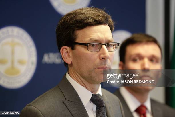 Washington State Attorney General Bob Ferguson gives a press conference saying he will ask a federal judge to block US President Donald Trump's...