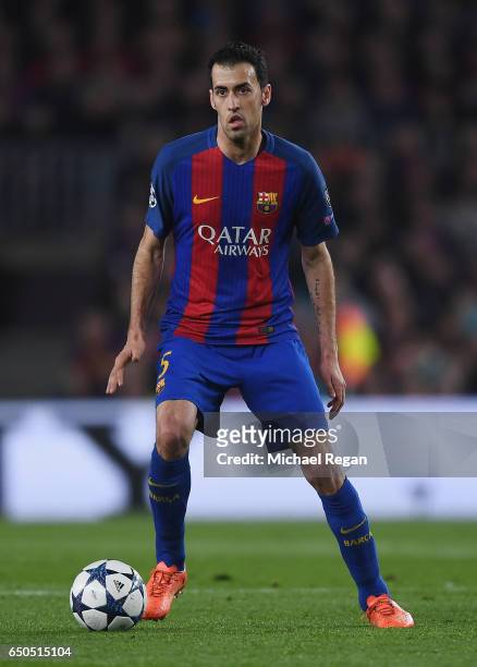 Sergio Busquets of Barcelona looks on during the UEFA Champions League Round of 16 second leg match between FC Barcelona and Paris Saint-Germain at...