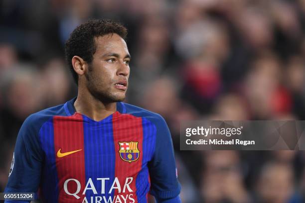 Neymar of Barcelona looks on during the UEFA Champions League Round of 16 second leg match between FC Barcelona and Paris Saint-Germain at Camp Nou...
