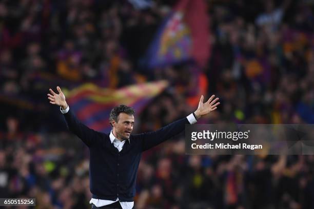 Barcelona manager Luis Enrique celebrates after the UEFA Champions League Round of 16 second leg match between FC Barcelona and Paris Saint-Germain...