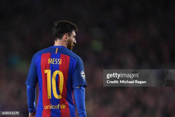 Lionel Messi in action during the UEFA Champions League Round of 16 second leg match between FC Barcelona and Paris Saint-Germain at Camp Nou on...