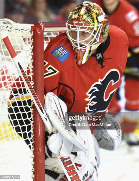 Goaltender Joni Ortio of the Calgary Flames plays in the game against the San Jose Sharks at Scotiabank Saddledome on March 7, 2016 in Calgary,...