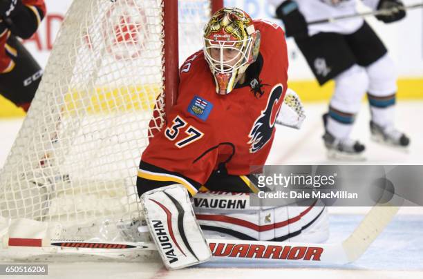 Goaltender Joni Ortio of the Calgary Flames plays in the game against the San Jose Sharks at Scotiabank Saddledome on March 7, 2016 in Calgary,...