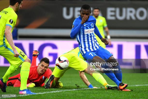 Stefan Mitrovic defender of KAA Gent, Lovre Kalinic goalkeeper of KAA Gent, Ally Mbwana Samatta forward of KRC Genk during the Europa League firt leg...