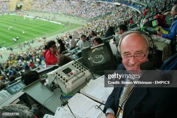 Commentator Brian Moore commentating on his last ever match