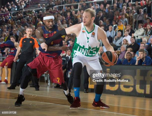 Anton Ponkrashov, #7 of Unics Kazan competes with Tyrese Rice, #2 of FC Barcelona Lassa during the 2016/2017 Turkish Airlines EuroLeague Regular...