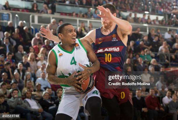 Coty Clarck, #4 of Unics Kazan in action during the 2016/2017 Turkish Airlines EuroLeague Regular Season Round 25 game between FC Barcelona Lassa v...